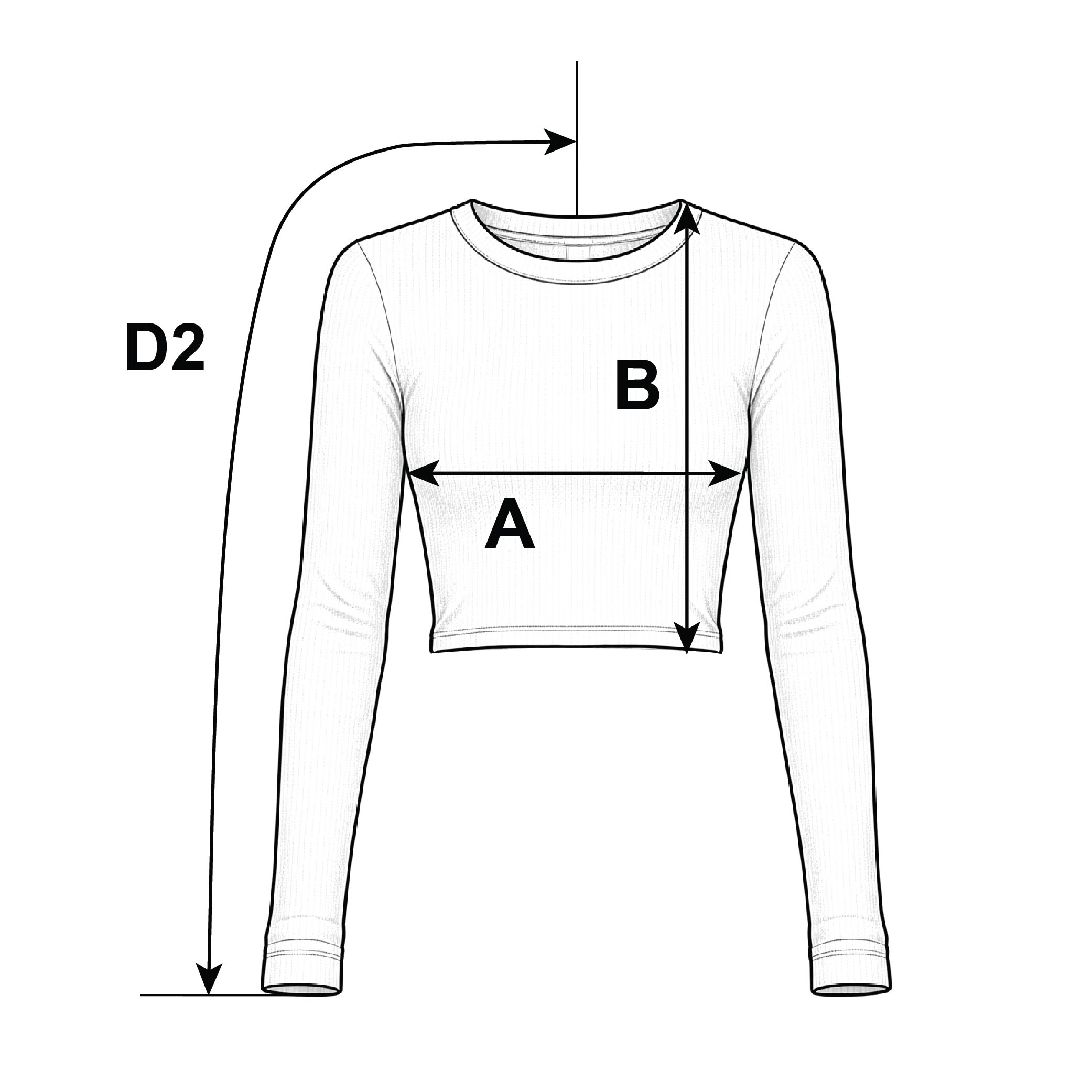 Supplier diagram showing where to measure American Apparel® BR2107 Women's Long Sleeve Cropped T-Shirt