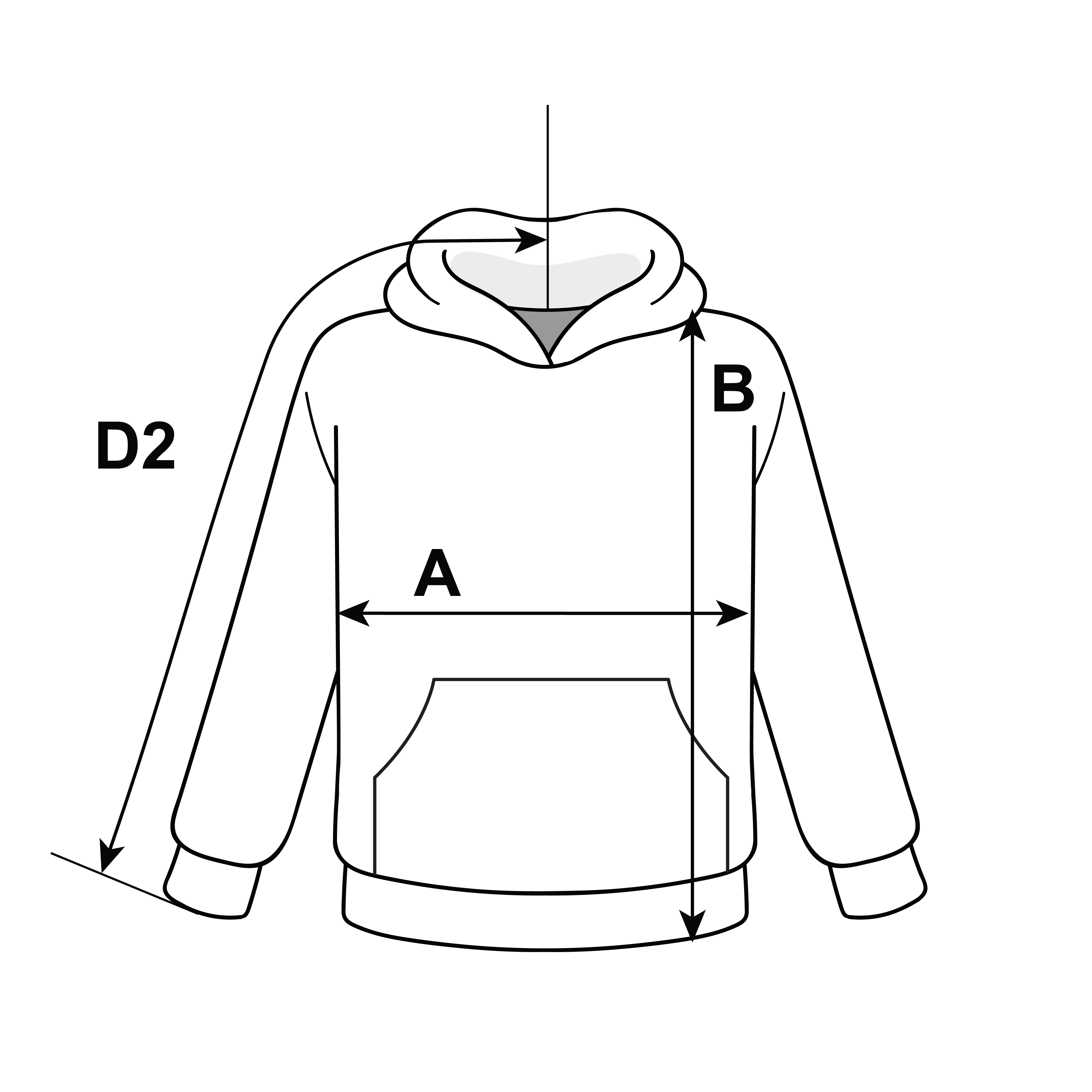 Supplier diagram showing where to measure American Apparel Reflex Fleece Unisex Hooded Sweatshirt
