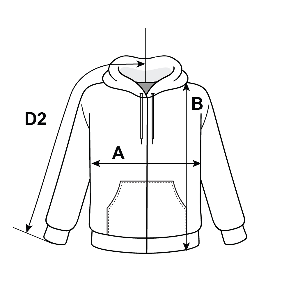 Supplier diagram showing where to measure Gildan DryBlend Adult Hooded Sweatshirt